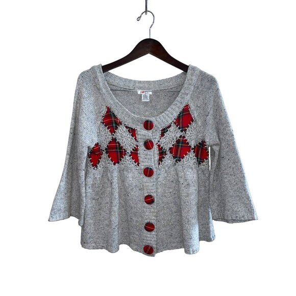 Pout Juniors Gray Button-Up Sweater With Red Plaid Accents & Peplum Hem - Picture 3 of 6